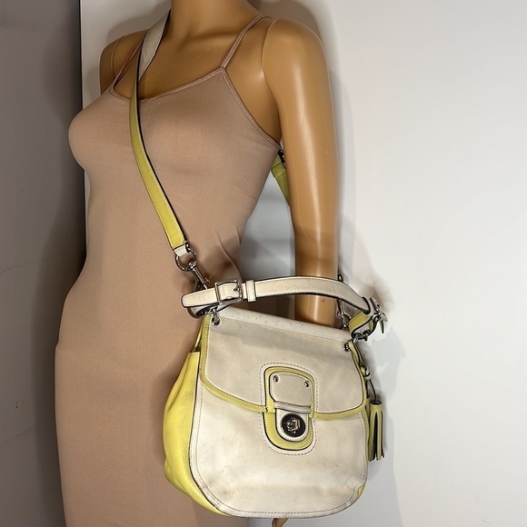 Coach Willis Cream & Lime Green Colorblocked Saddle Convertible Crossbody Bag - Picture 1 of 12